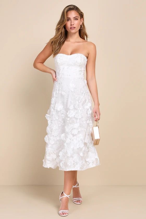 Delightful Romance White Floral 3D Strapless Lace-Up Midi Dress | Lulus