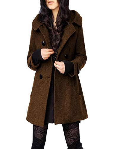 Tanming Women's Warm Double Breasted Wool Pea Coat Trench Coat Jacket with Hood (Brown-XXL) | Amazon (US)