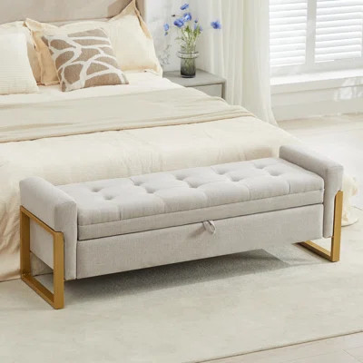 57" Tufted Linen Upholstered Storage Bench with Metal Legs | Wayfair North America