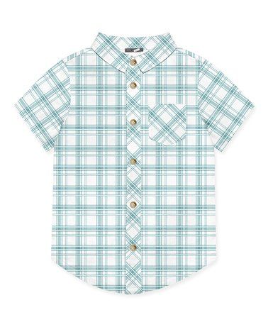 Millie & Maxx Dusty Green & White Bunny Fields Short-Sleeve Button-Up - Toddler & Boys | Zulily