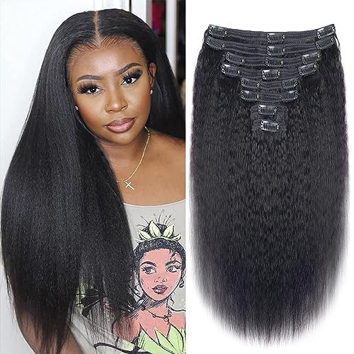 Kinky Straight Clip in Hair Extensions Real Human hair For Women Brazilian Virgin Clip ins Human Hair Extensions 8 pcs 120g/pack(28inch,#1B) | Amazon (US)