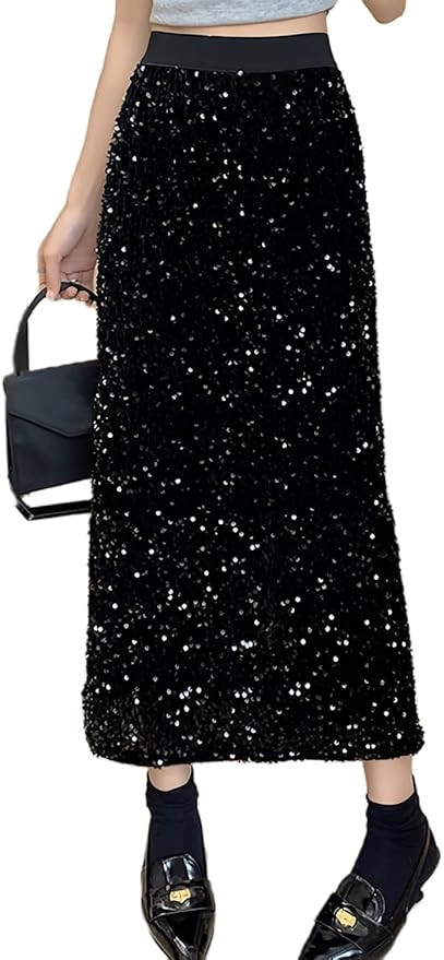 ADWAXDA Sparkly Skirt for Women, Elastic High Waist Sequin Maxi Skirt, Night Out Evening Party Co... | Amazon (US)