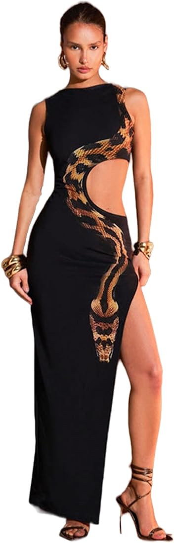 Women's Fashion Snakeskin Printed Hollow Out Maxi Dress Sexy Sleeveless High Split Bodycon Dress ... | Amazon (US)
