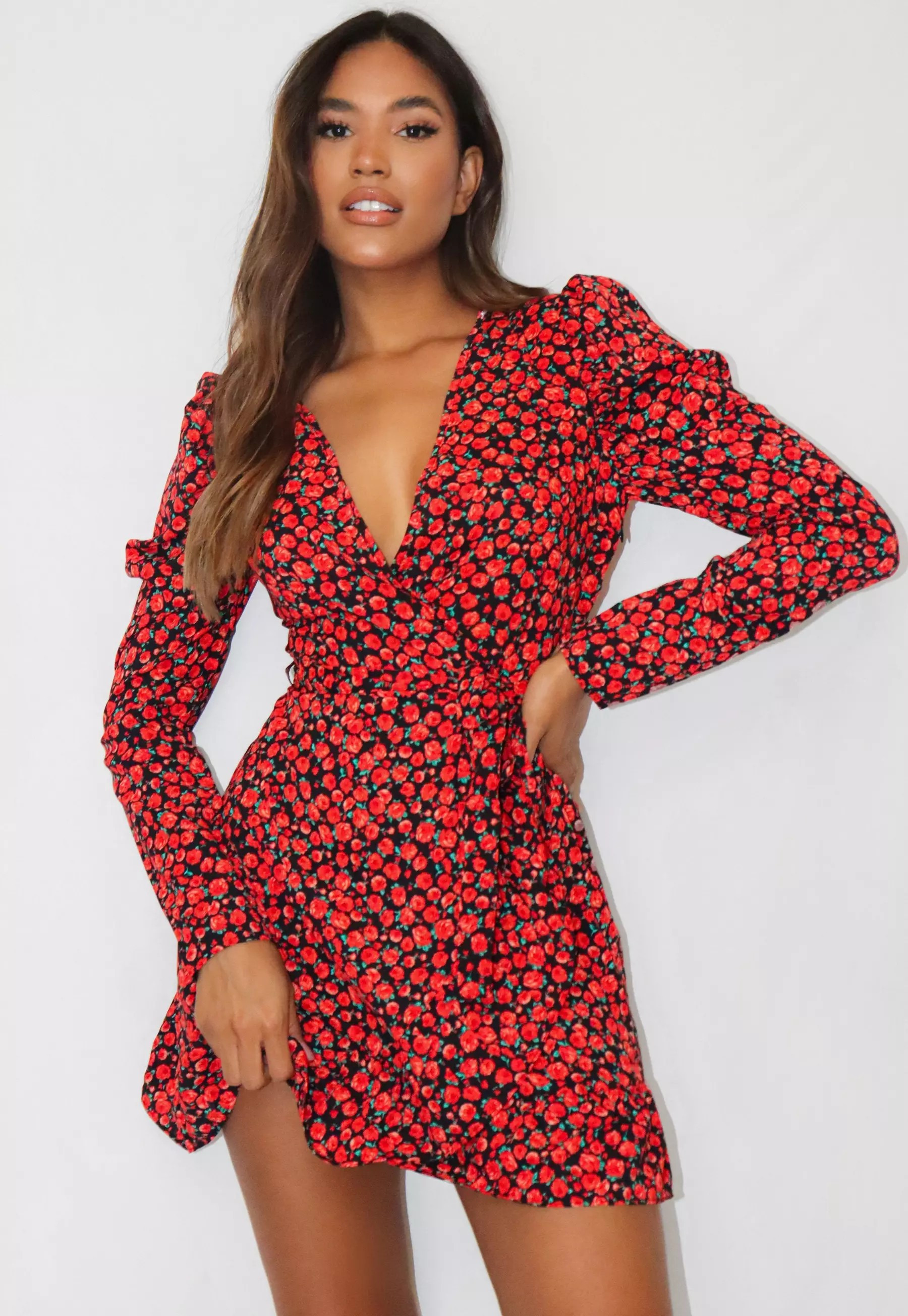 Black Rose Print Puff Sleeve Tea Dress | Missguided (US & CA)