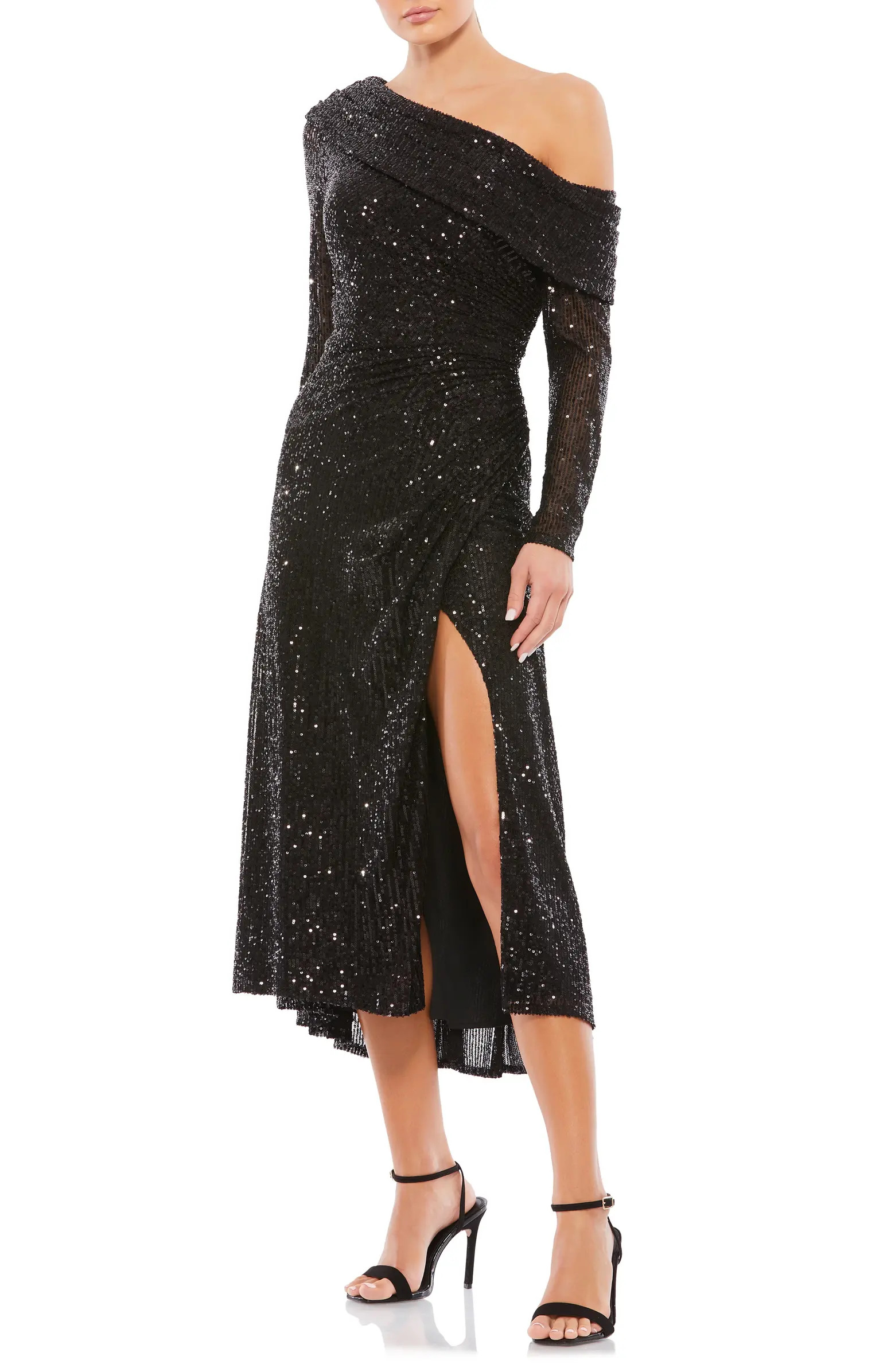 Sequin One-Shoulder Long Sleeve Midi Dress | Nordstrom