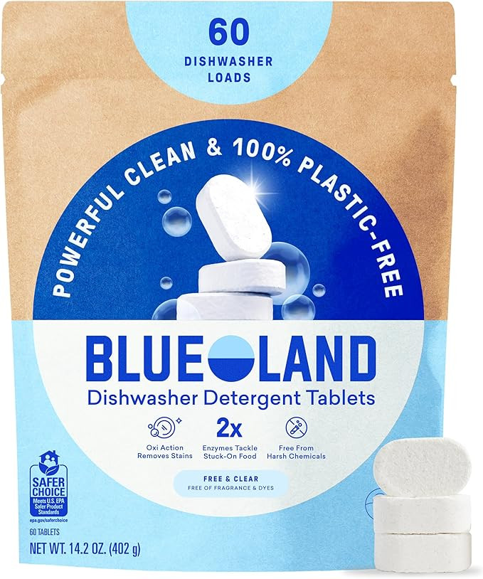 BLUELAND 100% Plastic-Free Dishwasher Detergent Tablets, 60 Count, Free & Clear, Eco-Friendly Dis... | Amazon (US)