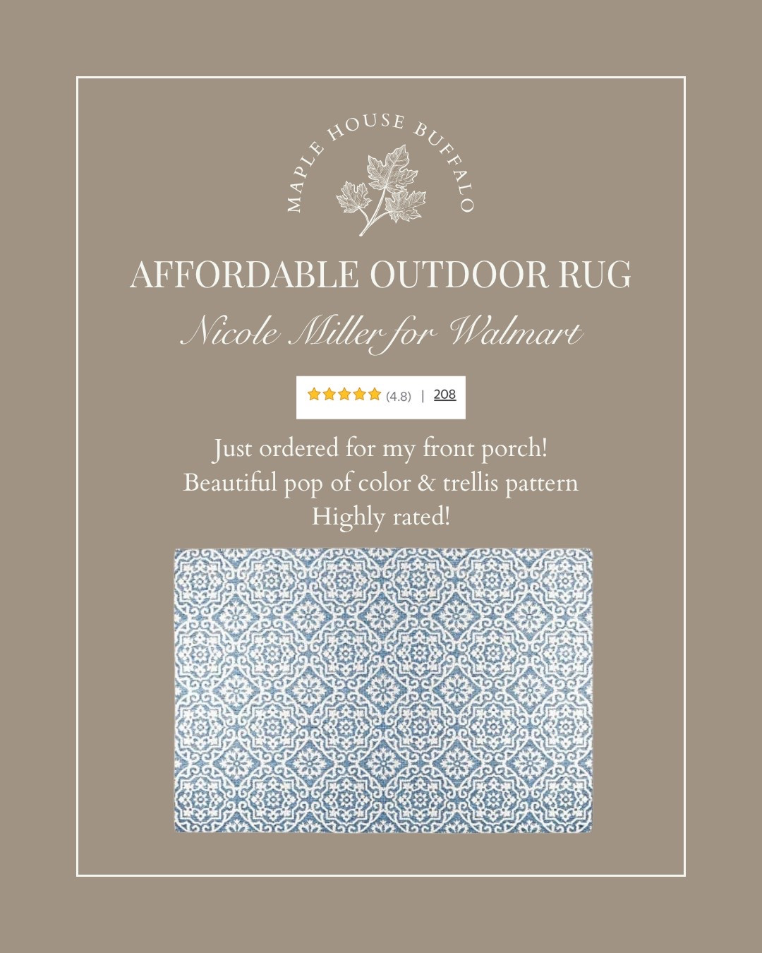 Affordable Outdoor Rug - Nicole Miller for Walmart | Love the beautiful trellis pattern and pop of color - blue & white is so classic and elegant! This rug also comes in black and tan and both colors are selling out fast so hurry! 

#LTKFindsUnder100 #LTKHome #LTKSummerEdit