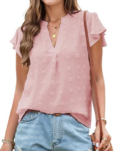 Blouses for Women Dressy Casual V Neck Ruffle Short Sleeve Flowy Tops Cute Summer Shirts Professional Business Tunic (Pink, S) | Amazon (US)