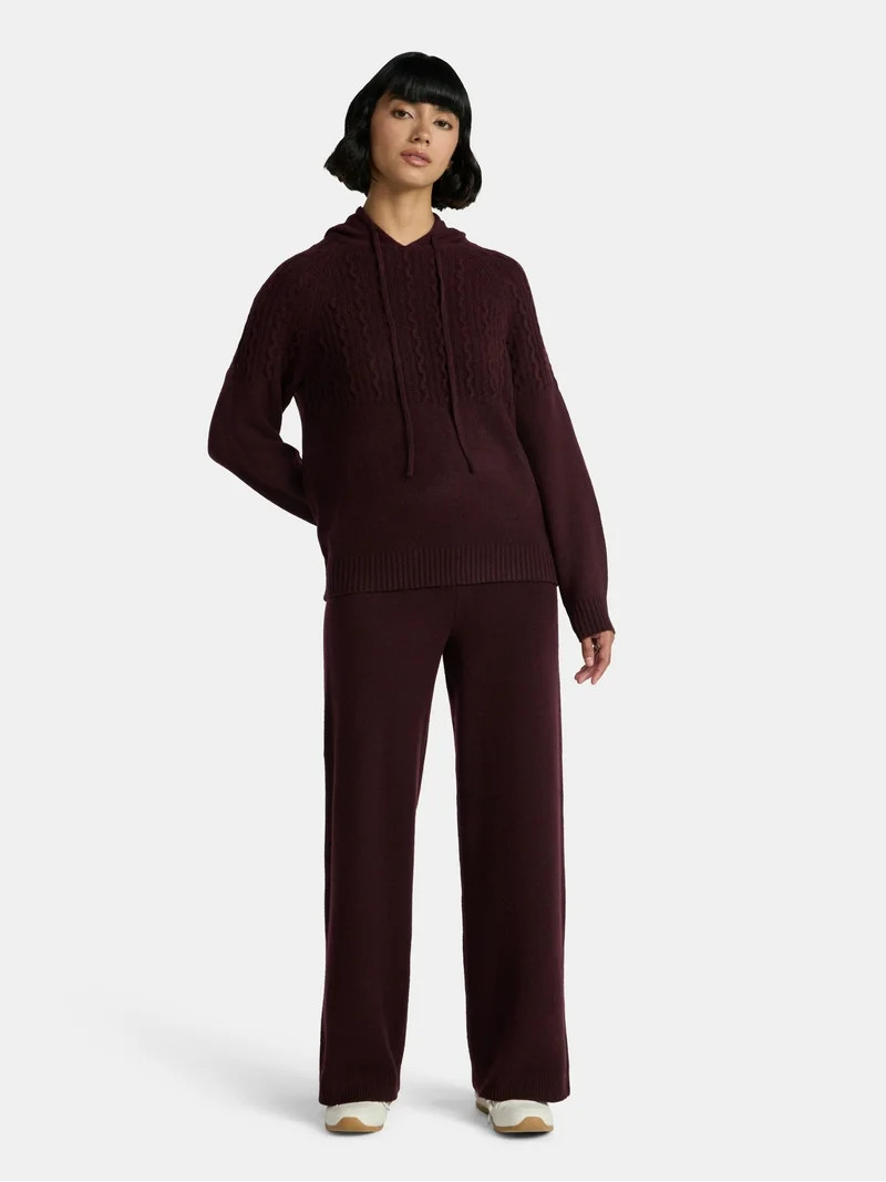 Time and Tru Women's Cable Knit Hoodie Sweater and Pants Set, 2-Piece, Sizes XS-XXXL | Walmart (US)