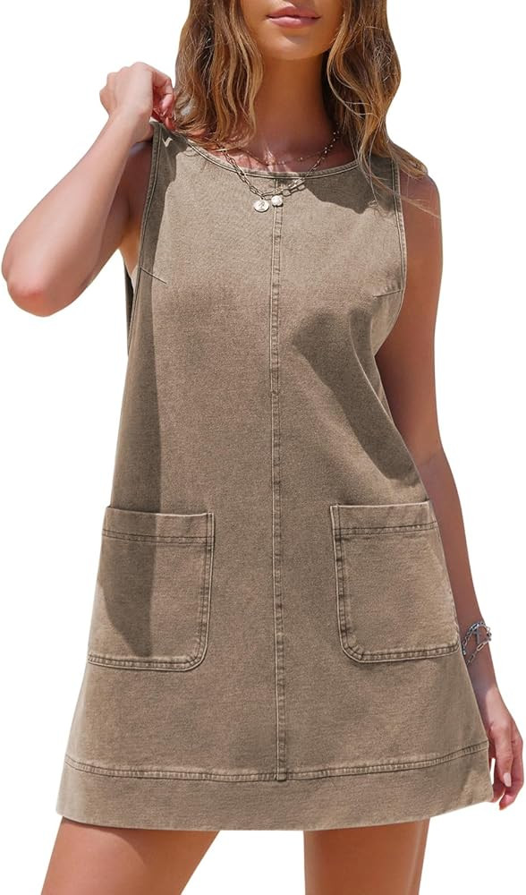 EXLURA Womens Sleeveless Denim Dress Casual Summer Crewneck A Line Overall Mini Dress Jean Jumper... | Amazon (US)