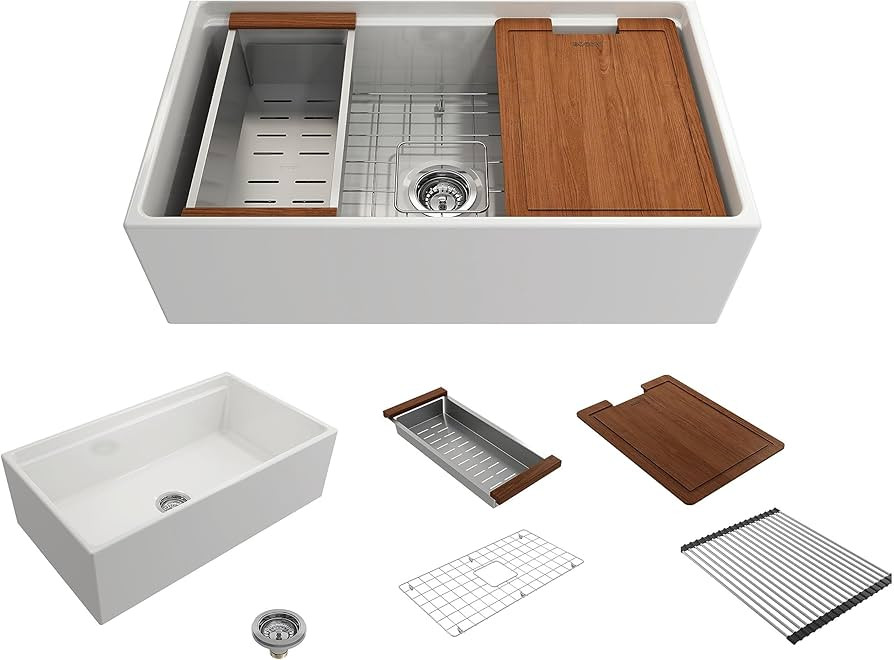 BOCCHI Contempo Workstation Apron Front Step Rim Fireclay 33 in. Single Bowl Kitchen Sink with Ac... | Amazon (US)