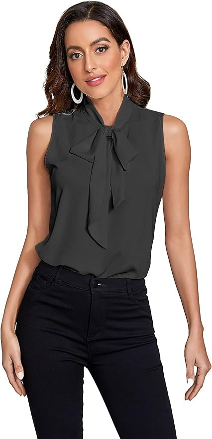 Floerns Women's Tie Bow Neck Sleeveless Chiffon Solid Blouse Top | Amazon (US)