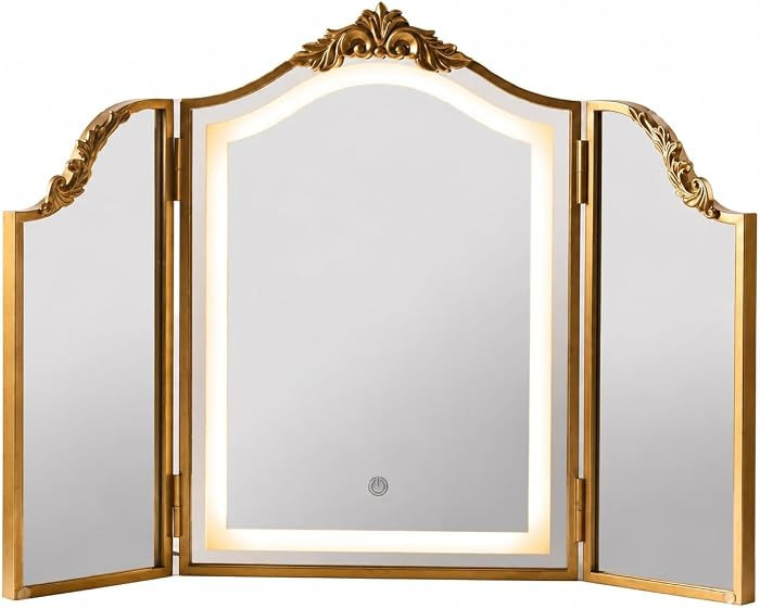 Antique Gold Triple Fold Makeup Mirror, 31x23 Inch Baroque Vintage Vanity Mirror, Tri-Color Dimma... | Amazon (US)