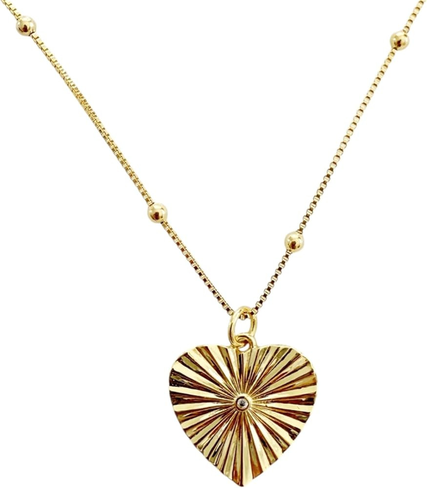 Sunburst Heart Pendant Necklace, 18K Gold Filled, Vintage Heart Necklace, Women's Necklace, Beads... | Amazon (US)