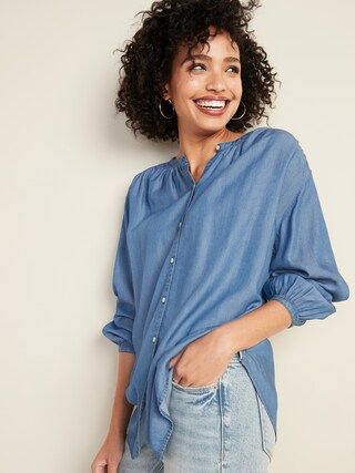 Chambray Smocked-Shoulder Shirt for Women | Old Navy (US)