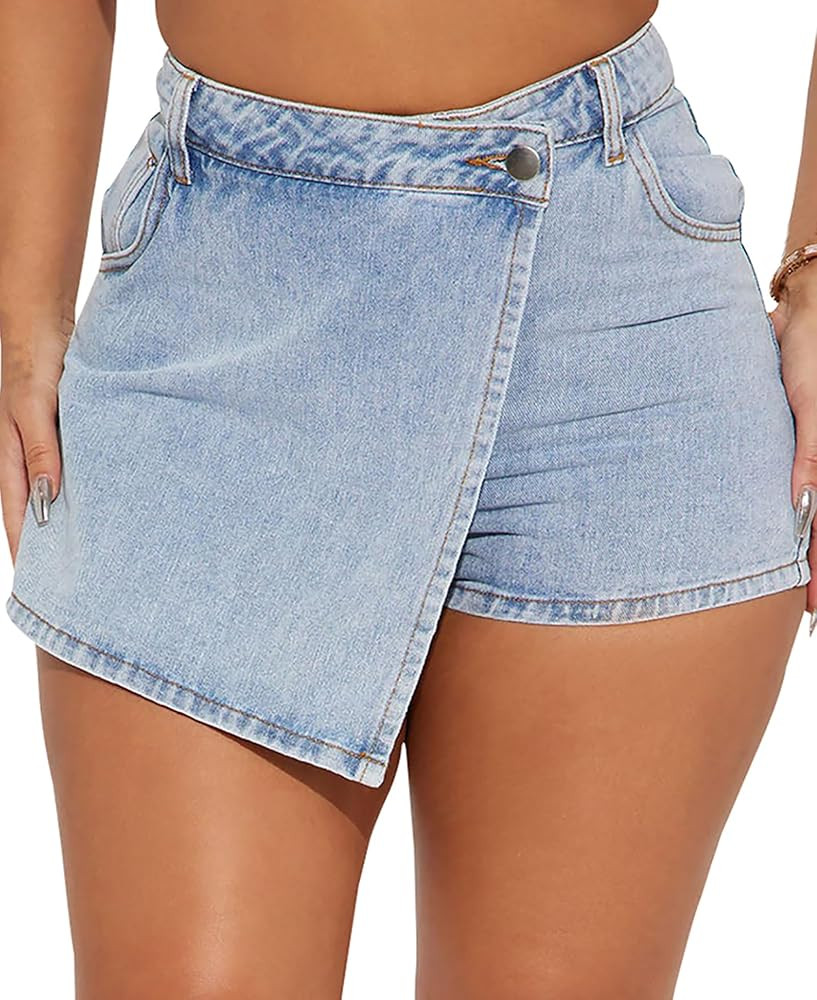 Women's Mid Rise Asymmetrical Hem Denim Skorts Wrap Button Front Stretchy Casual Blue Jean Skort | Amazon (US)