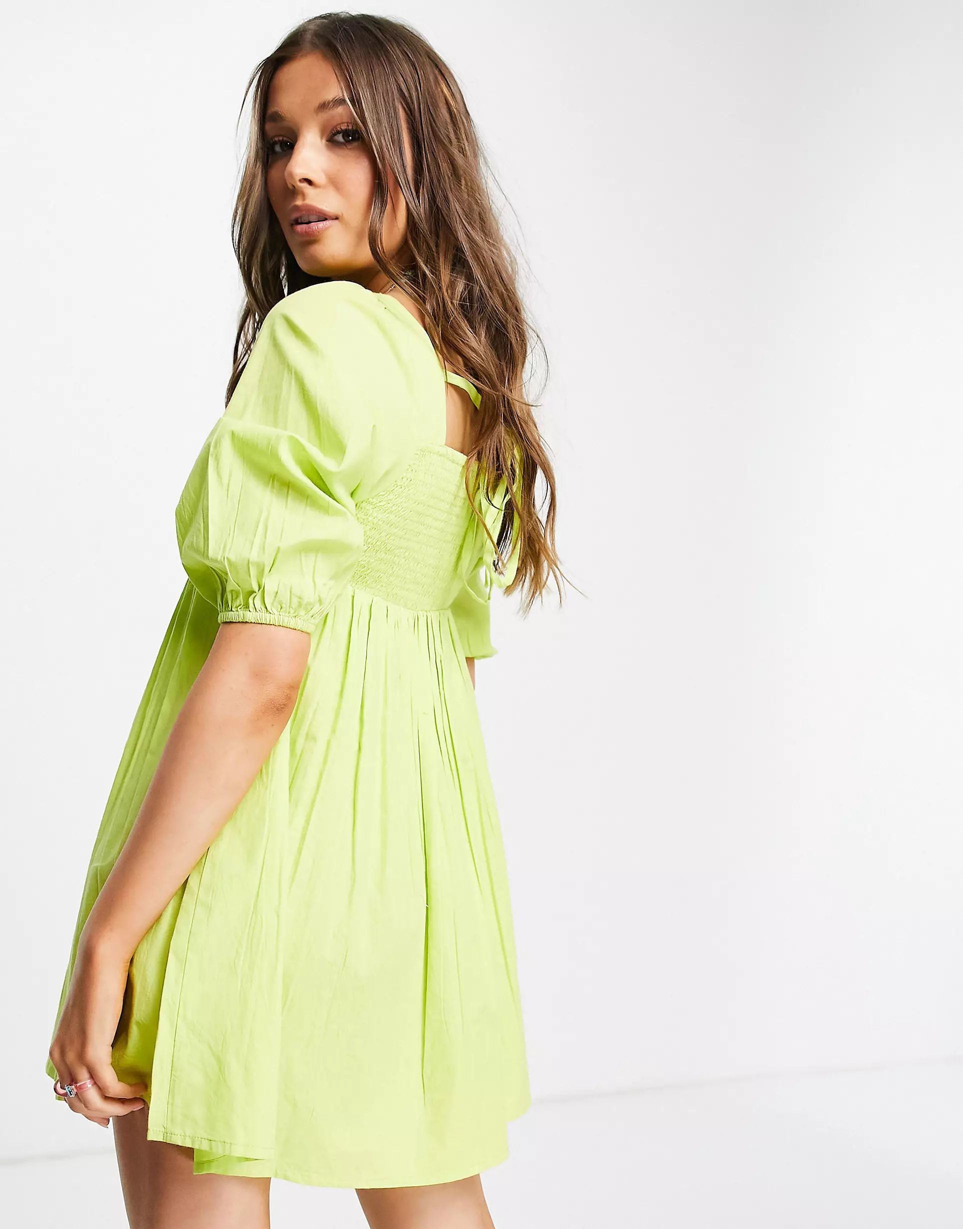 Influence mini balloon sleeve beach dress in lime | ASOS (Global)