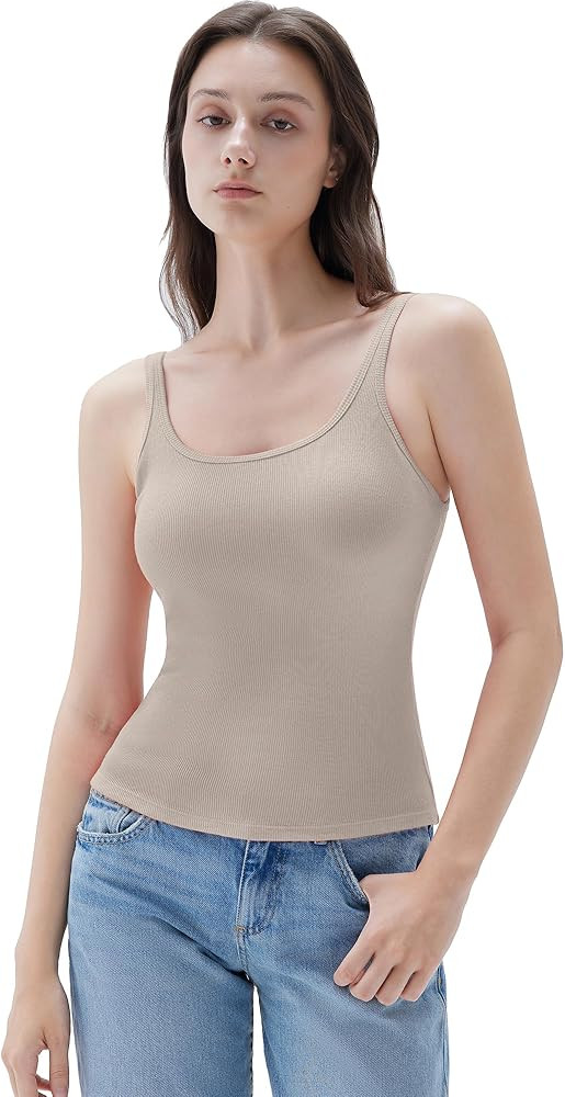 SUUKSESS Women Padded Cotton Ribbed Long Tank Tops 2025 Summer Going Out Basic Scoop Neck Cami To... | Amazon (US)