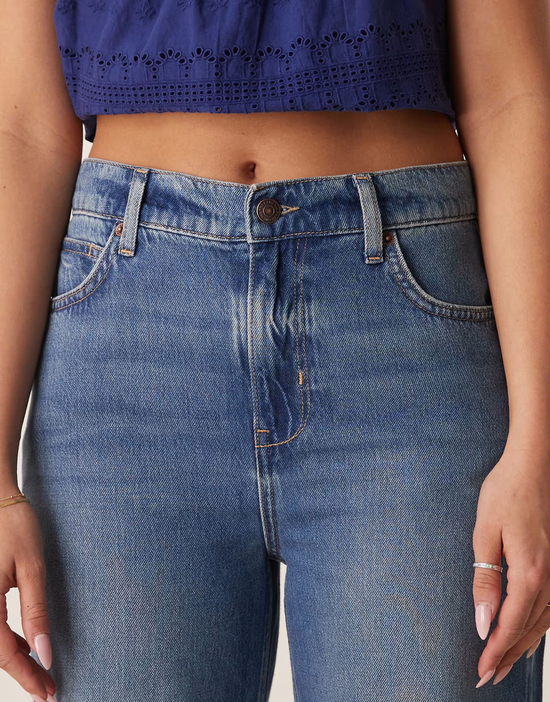 Free People stride straight leg wide jeans in mid wash blue | ASOS (Global)