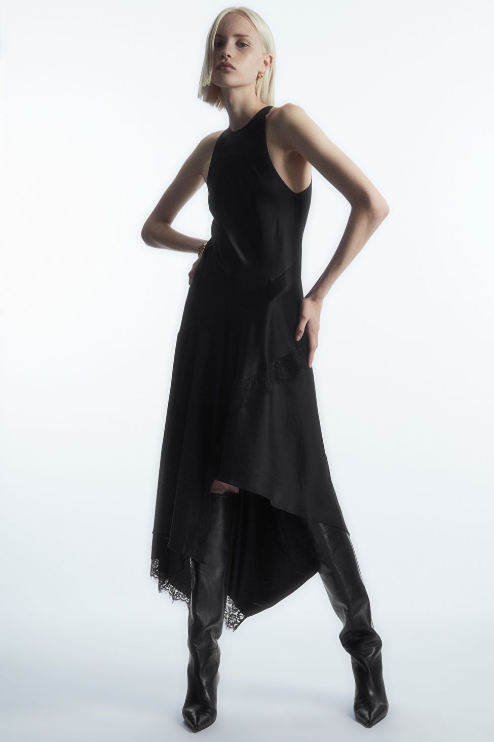 ASYMMETRIC LACE-TRIMMED SATIN DRESS - BLACK - Dresses - COS | COS (US)
