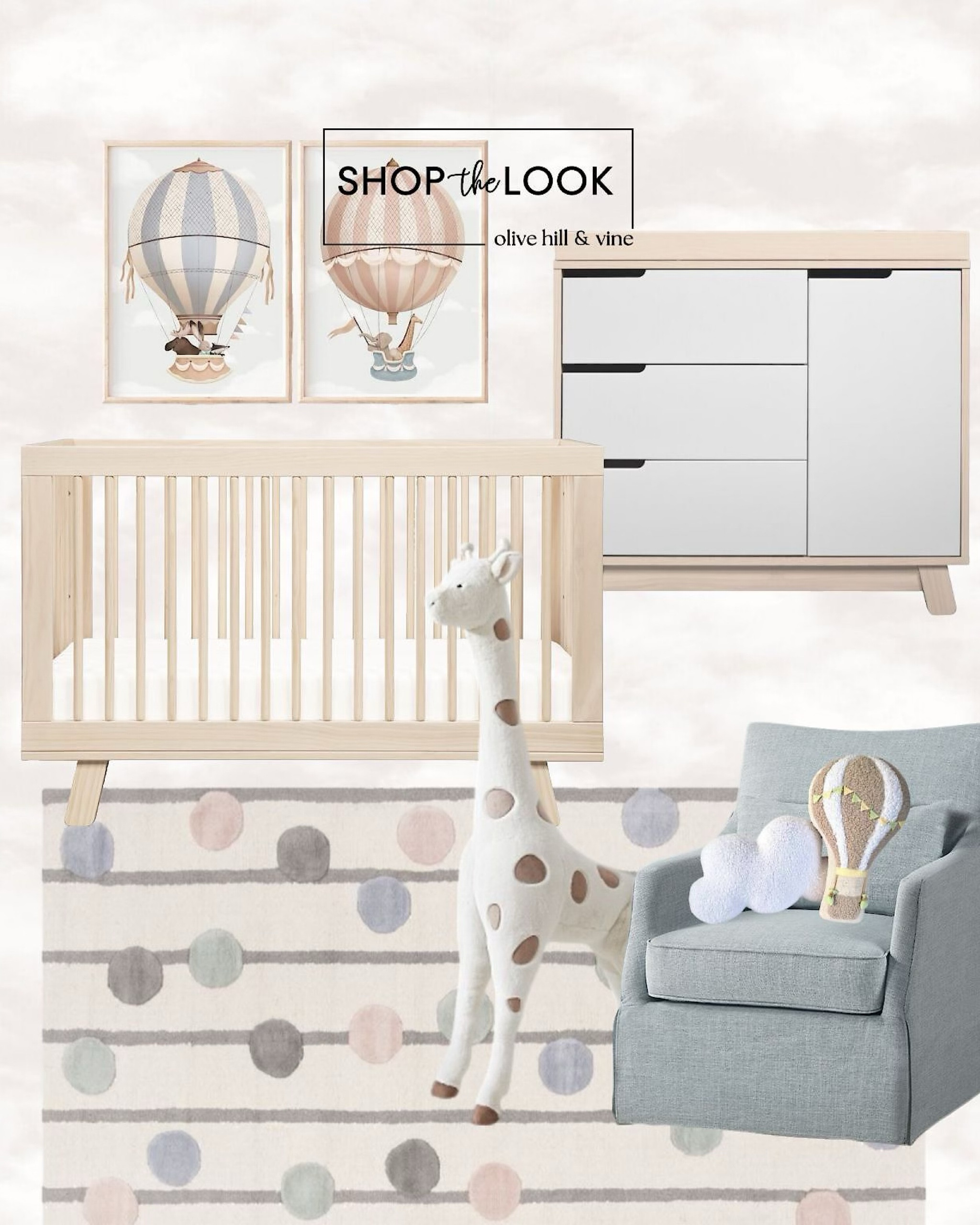 Up, up, and away! This hot air balloon-themed nursery brings vintage charm with dreamy hot air balloon art, a floating cloud wallpaper, and a whimsical mobile. A skirted swivel chair, a convertible crib, and a jumbo giraffe plush complete this soaring space! 

#LTKBump #LTKBaby #LTKHome