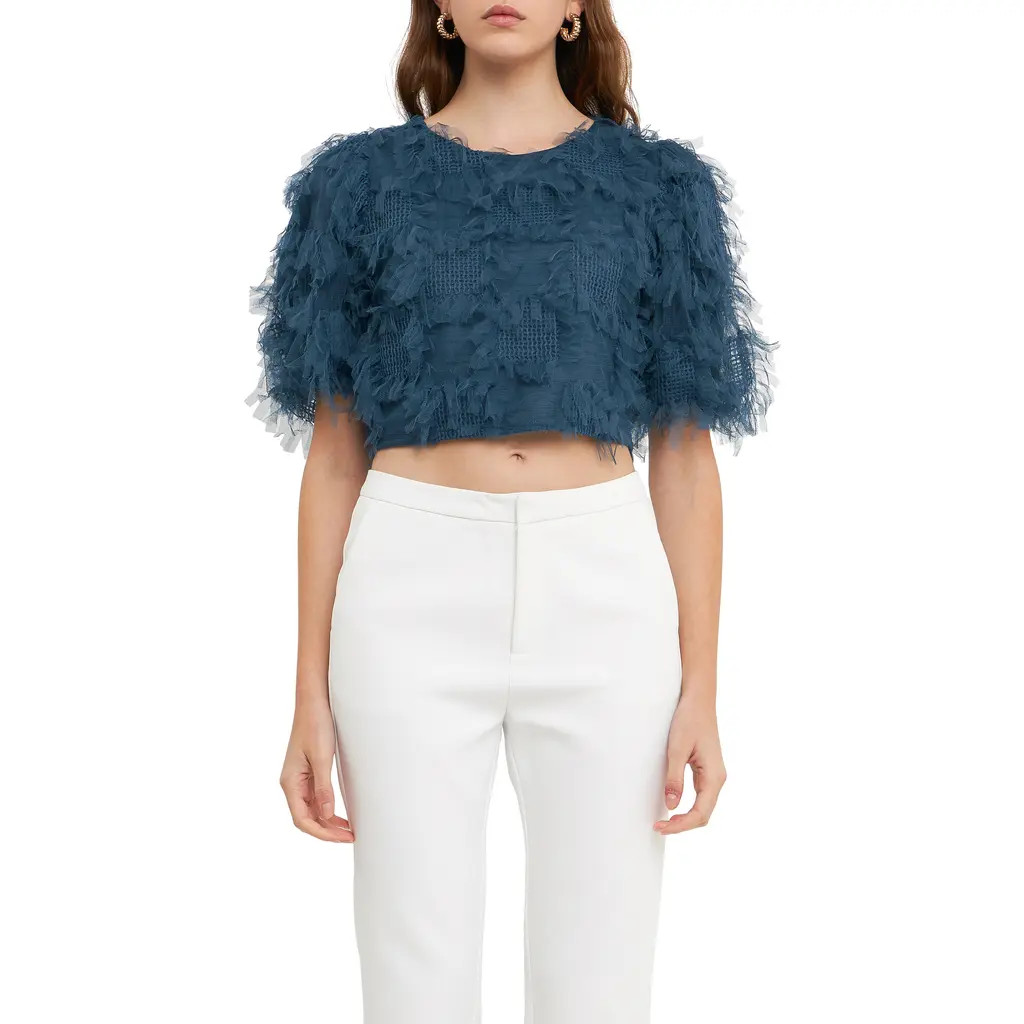 Endless Rose Gridded Tulle Crop Top in Navy at Nordstrom, Size Large | Nordstrom