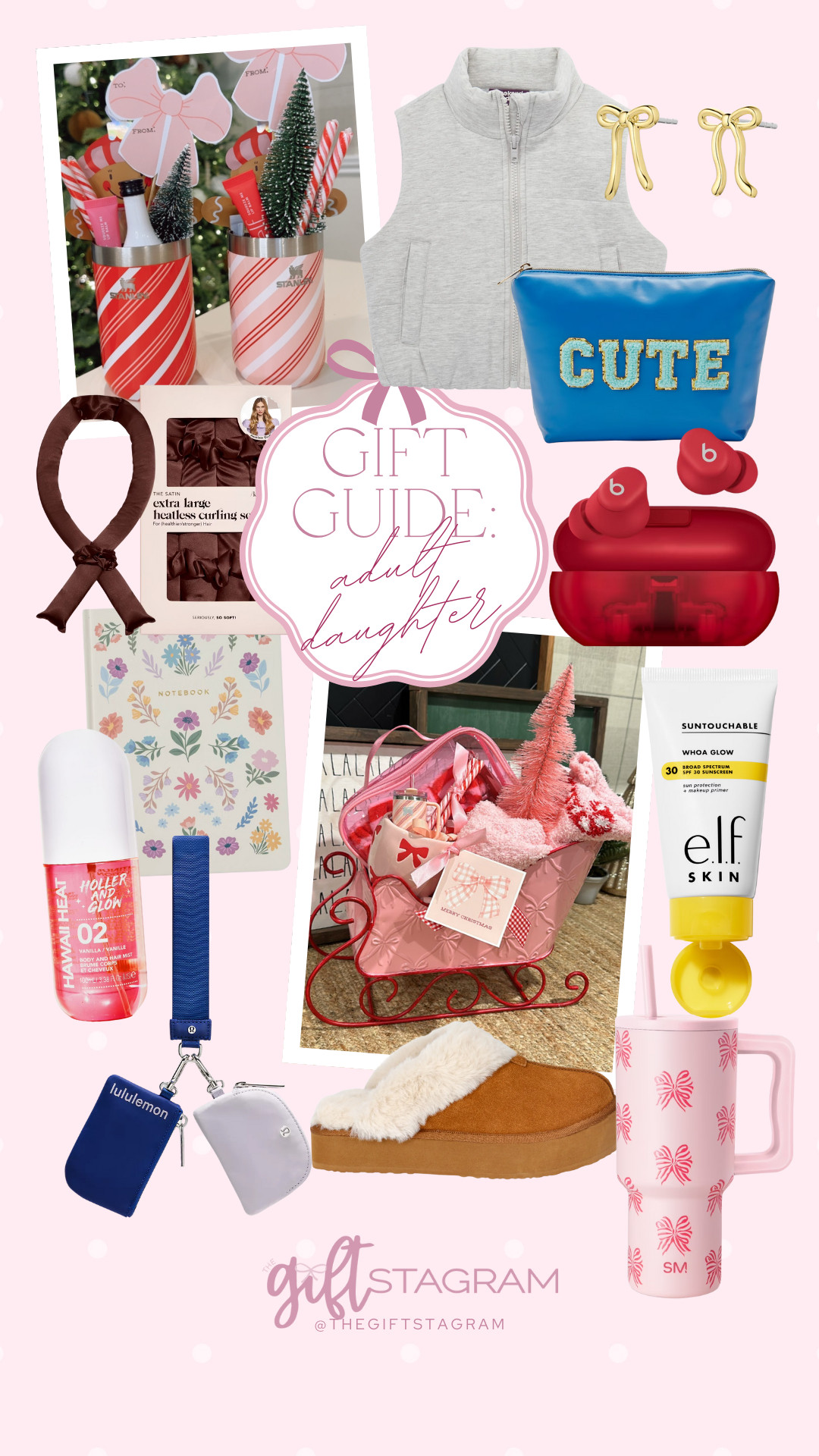Gift guide adult daughter: mini-Stanley cups stuffed with minis, white vest, gold bow earrings, CUTE makeup bag, silk hair curlers, airbuds, cute notebook, perfume, wallet wristlet, pink stuffed sleigh, makeup primer SPF, bow pink tumbler 

 #LTKCyberWeek #LTKGiftGuide #LTKHoliday