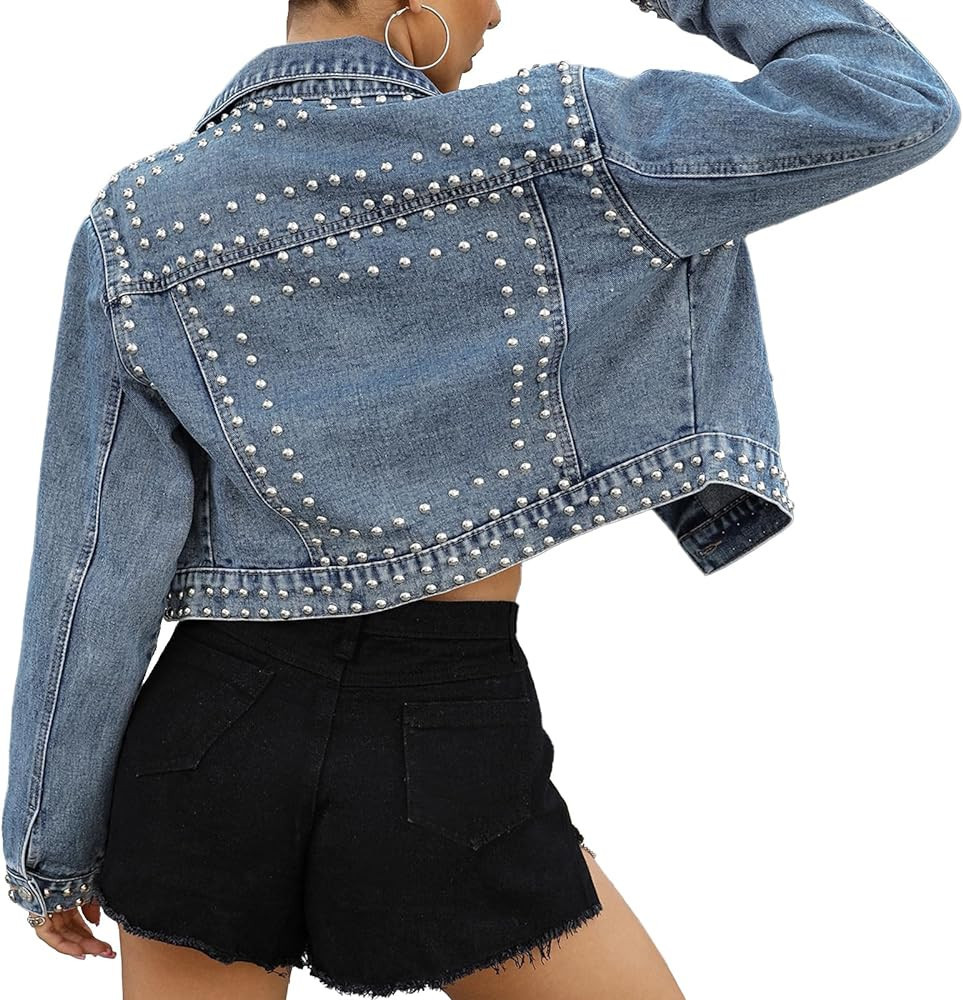 LifeShe Women Studded Denim Jacket Lapal Button Down Cropped Jean Jacket with Pocket | Amazon (US)