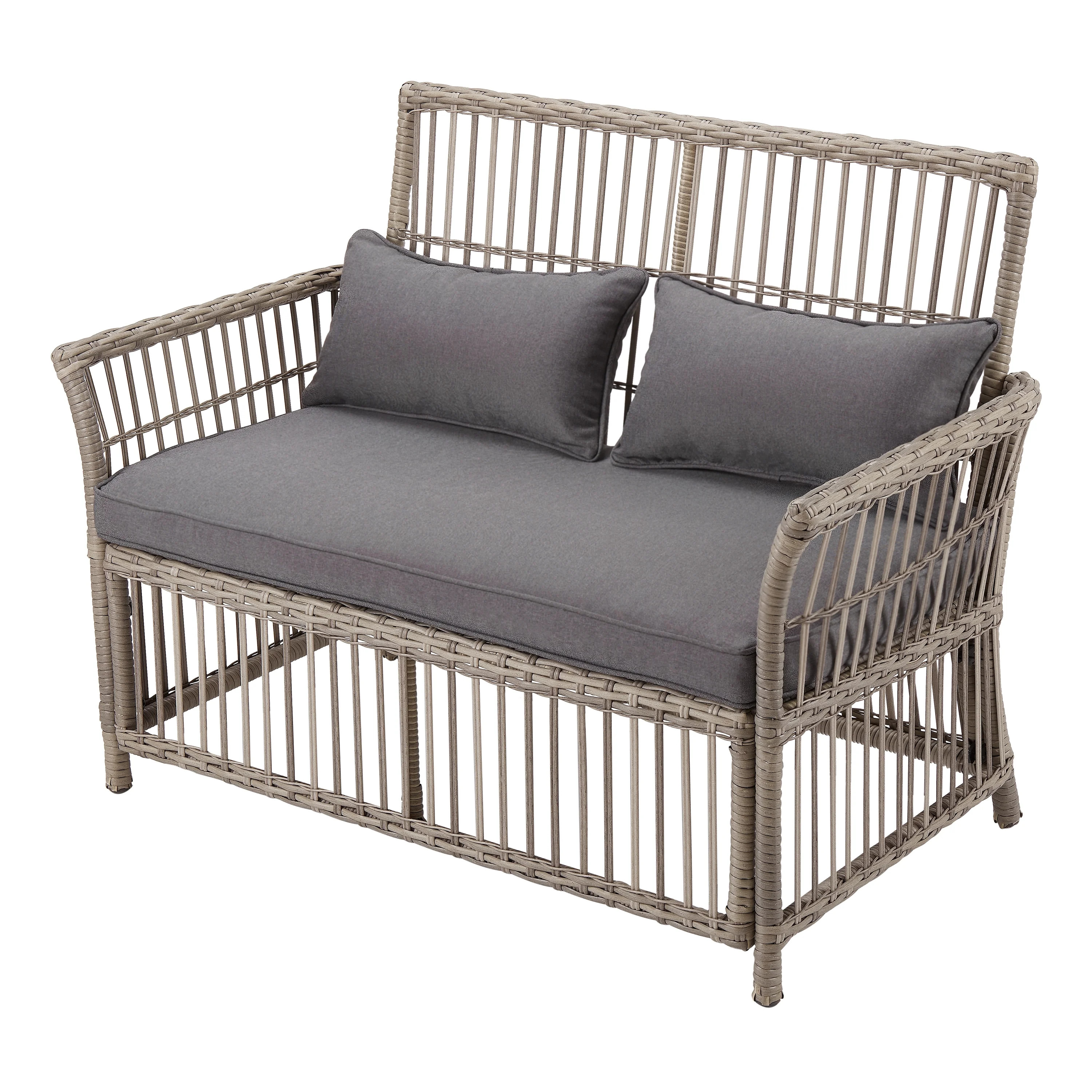 Better Homes & Gardens Belfair Patio Wicker Bench with Gray Cushions - Walmart.com | Walmart (US)