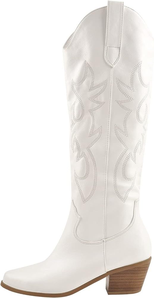 Richealnana Cowboy Boots for Women Embroidered Square Toe Distressed Pull-On Cowgirl Knee High Weste | Amazon (US)