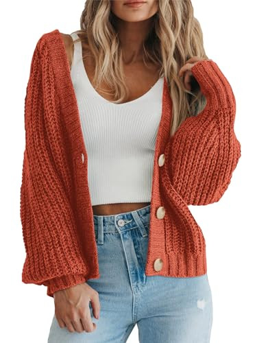 PRETTYGARDEN Women's Short Cardigan Sweaters V Neck Button-Down Long Sleeve Oversized Chunky Knit Cardigans (Rust Red,Medium) | Amazon (US)