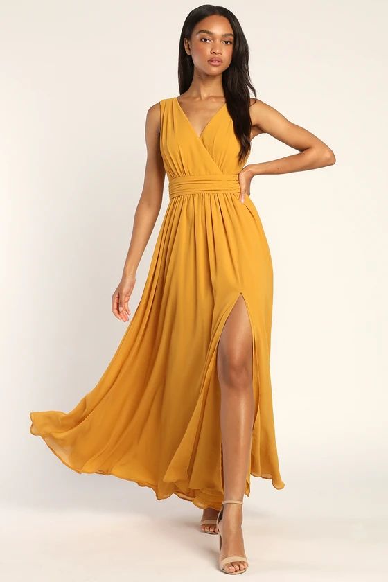 Thoughts of Hue Marigold Yellow Surplice Maxi Dress | Lulus (US)