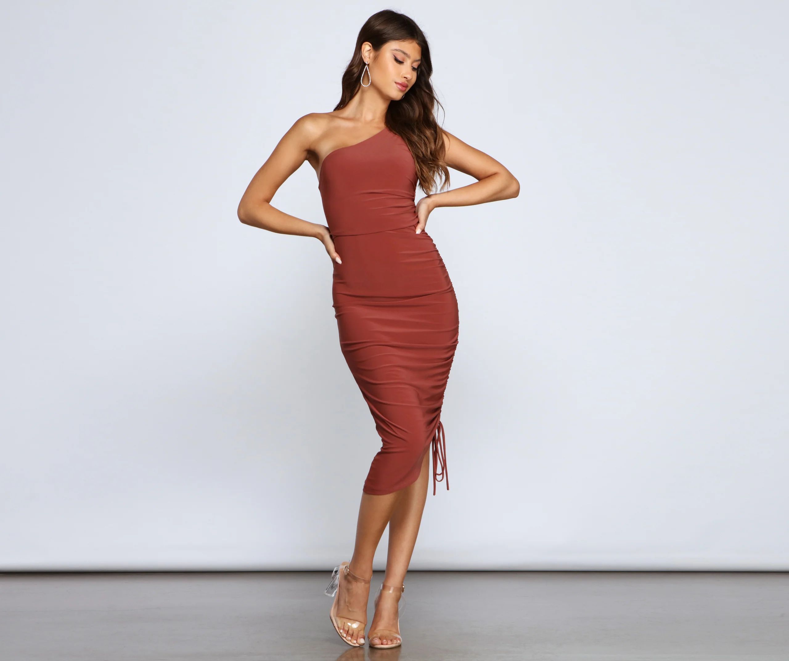Eve One-Shoulder Ruched Midi Dress | Windsor Stores