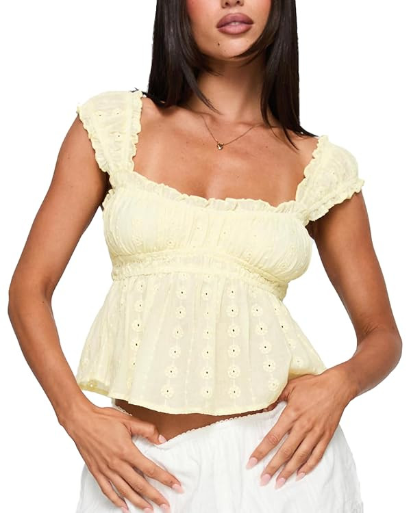 Women Y2K Solid Ruffle Trim T Shirt Causal Square Neck Cap Sleeve Eyelet Crop Top Sexy Ruched Fro... | Amazon (US)