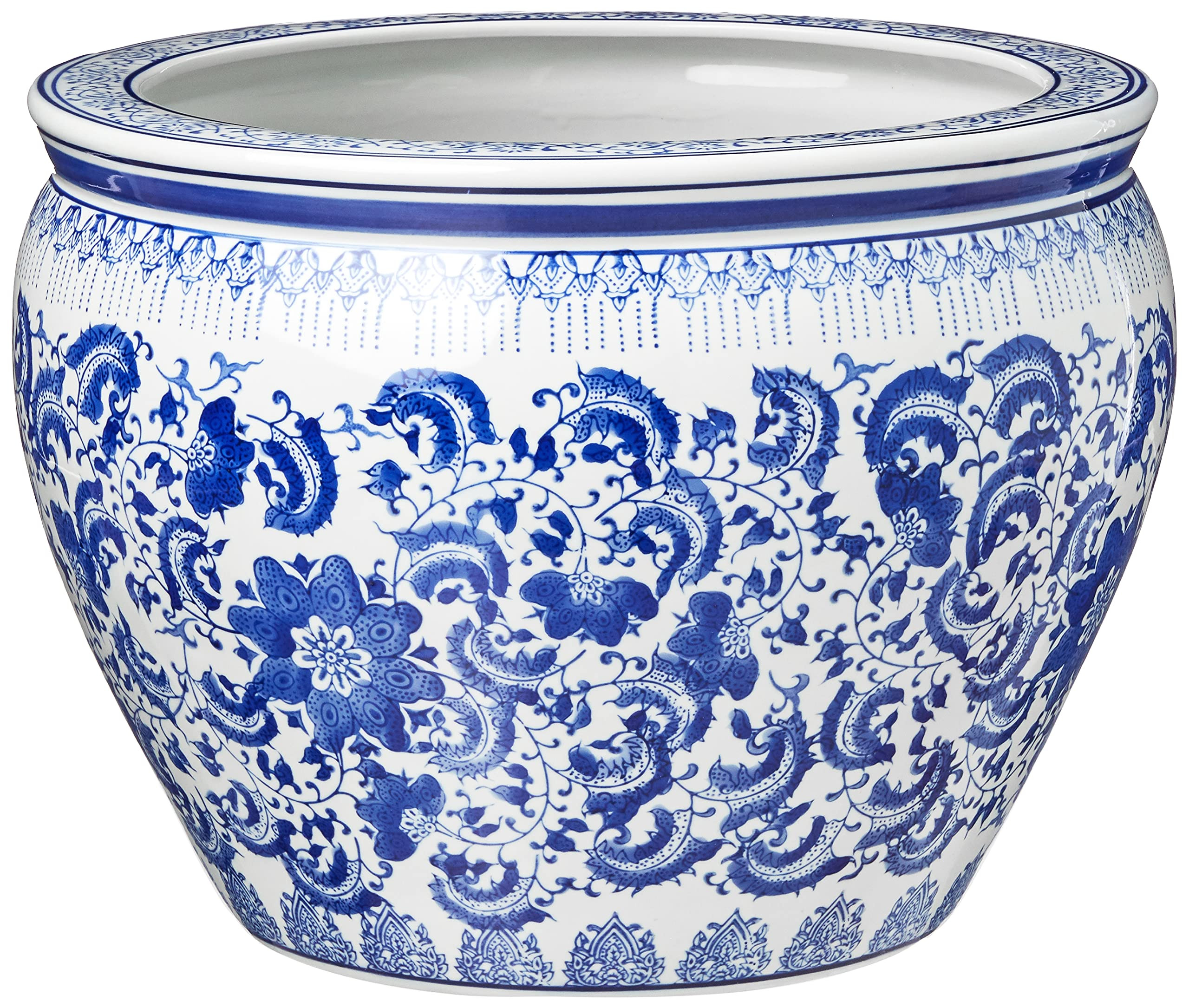 Oriental Furniture 16" Floral Blue & White Porcelain Fishbowl | Amazon (US)