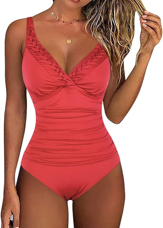 Hilor Women's One Piece Swimsuits Pin Tucked Surplice Swimwear Tummy Control Bathing Suits Monoki... | Amazon (US)