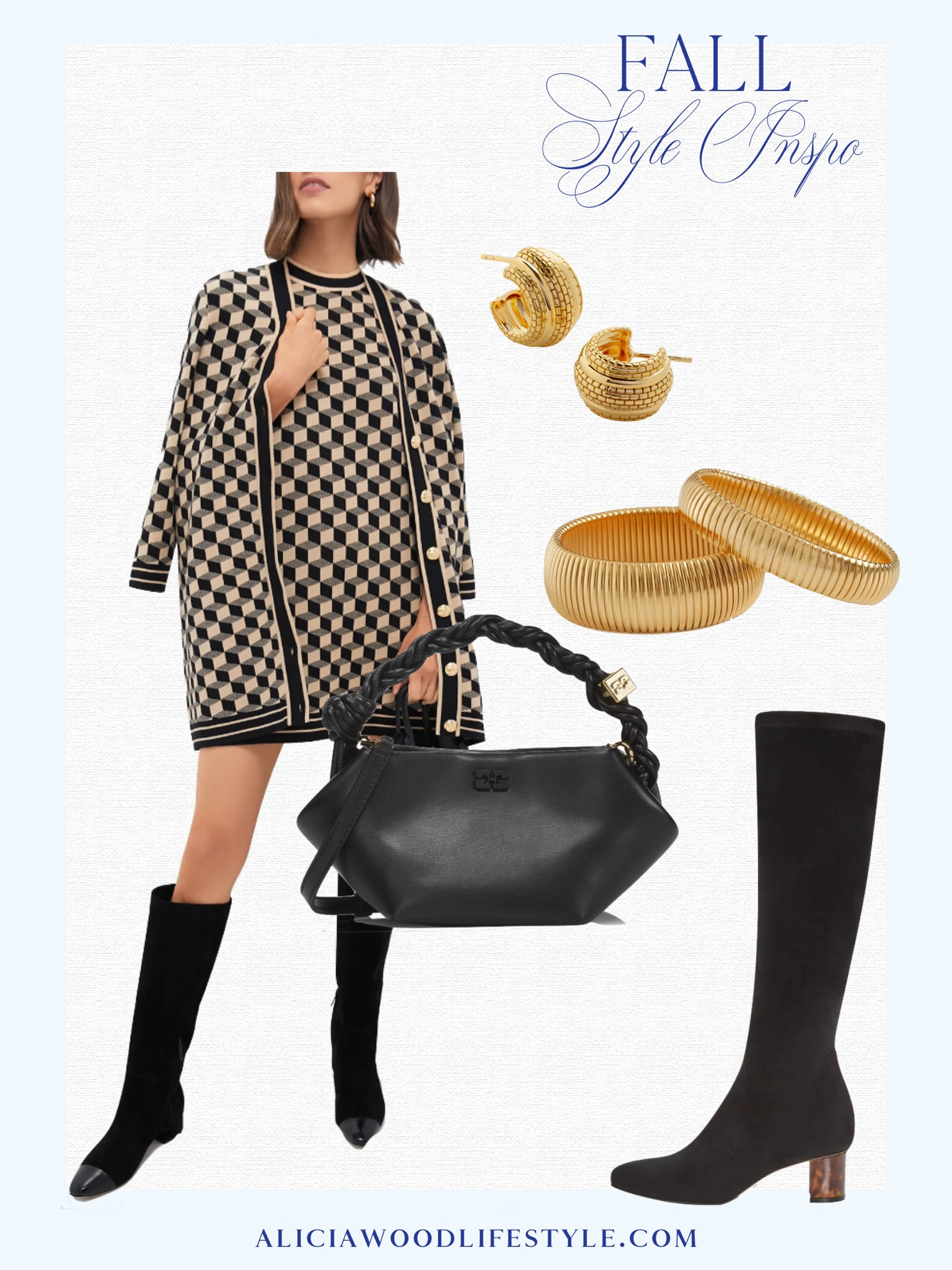 Fall style inspiration
Sleeveless Geometric mini dress 
Geometric cardigan 
Tall black boots with detail block heel 
Black handbag 
Gold huggie earrings
Gold cobra bracelets 



#LTKOver40 #LTKSeasonal #LTKStyleTip