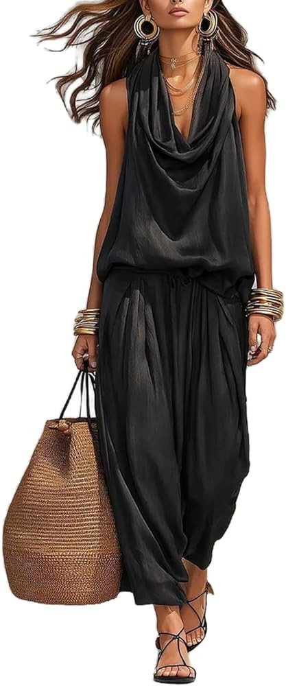 REASERAL Womens Solid Color Casual 2 Piece Sets Sleeveless V Neck Camisole Top High Waist Long Pa... | Amazon (US)