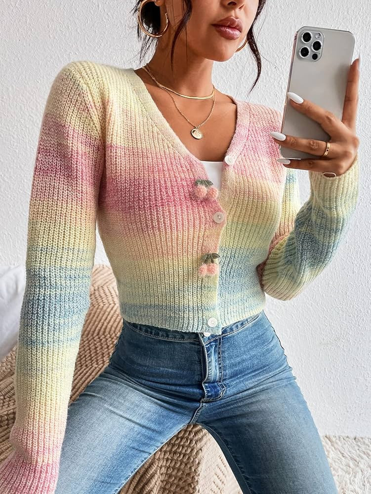 UNLOU Dresses for Women - Ombre Cherry Appliques Ribbed Knit Cardigan (Color : Multicolor, Size :... | Amazon (US)