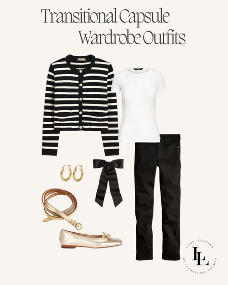 Transitional fall capsule wardrobe outfit. Black and white neutrals with gold accessories. Can be dressed up or down! 

🏷️ Capsule wardrobe, neutrals, ballet flats, black and white, cardigan, gold accessories  

#LTKstyletip #LTKSeasonal