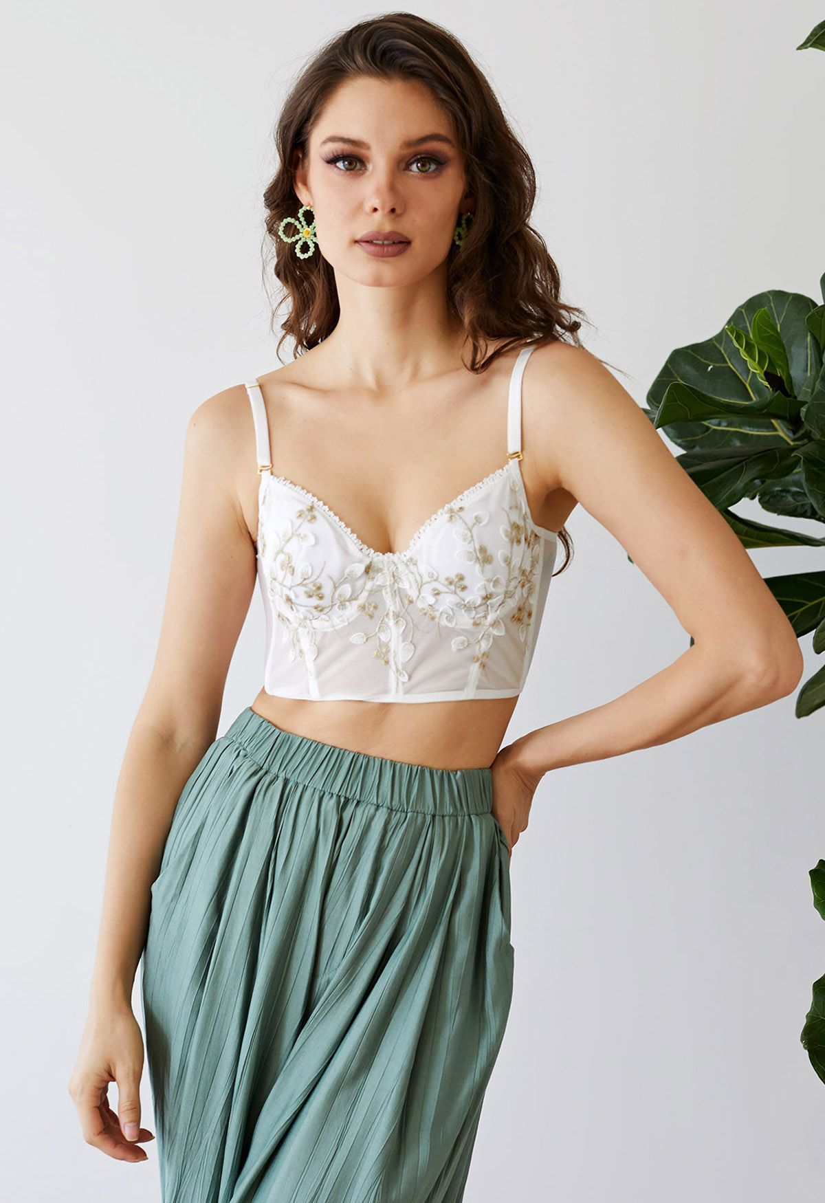 Branch Embroidered Mesh Bra Top in White | Chicwish