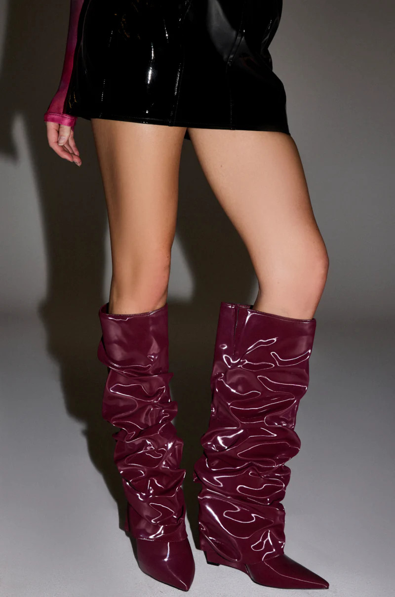 AZALEA WANG ZYLLA BURGUNDY PATENT WEDGE RUCHED BOOT | AKIRA
