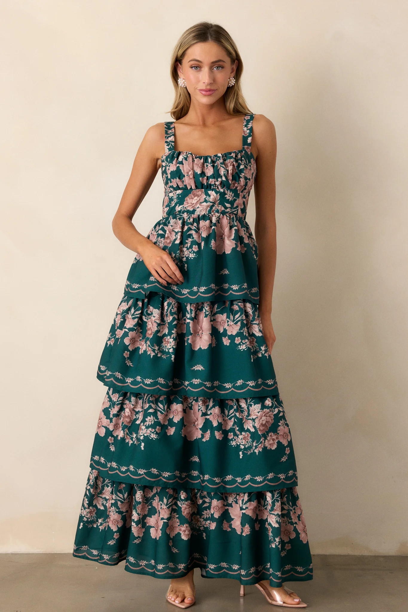Sweet Reminiscence Forest Green Floral Tiered Maxi Dress | Red Dress