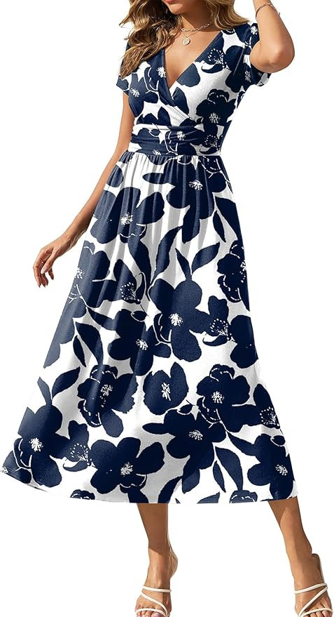 Gracyoga Women's Summer Dresses 2025 Short Sleeve Maxi Dress Casual V Neck Flowy Sundress with Po... | Amazon (US)