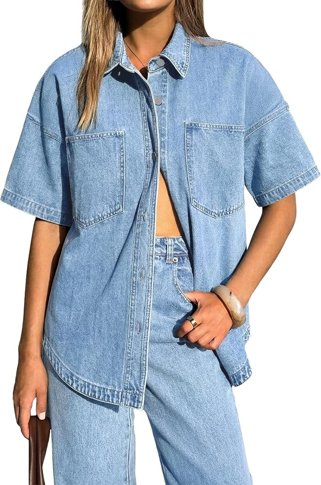EMMIOL Women Denim Shirts Oversized Long Sleeve Button Down Blouse Distresse Jean Jacket Fall Out... | Amazon (US)