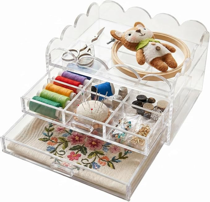 Scalloped Clear Acrylic 2-Drawer Organizer 5" x 5" with Removable 9 Compartment Divider, Storage ... | Amazon (US)