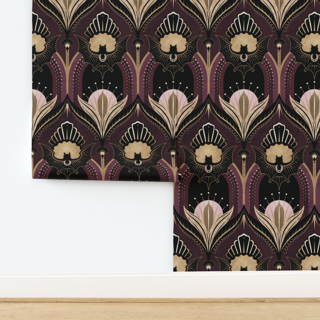 Elegant Art Deco bats and flowers -Burgundy gold black and pink -jumbo Wallpaper | Spoonflower | Spoonflower