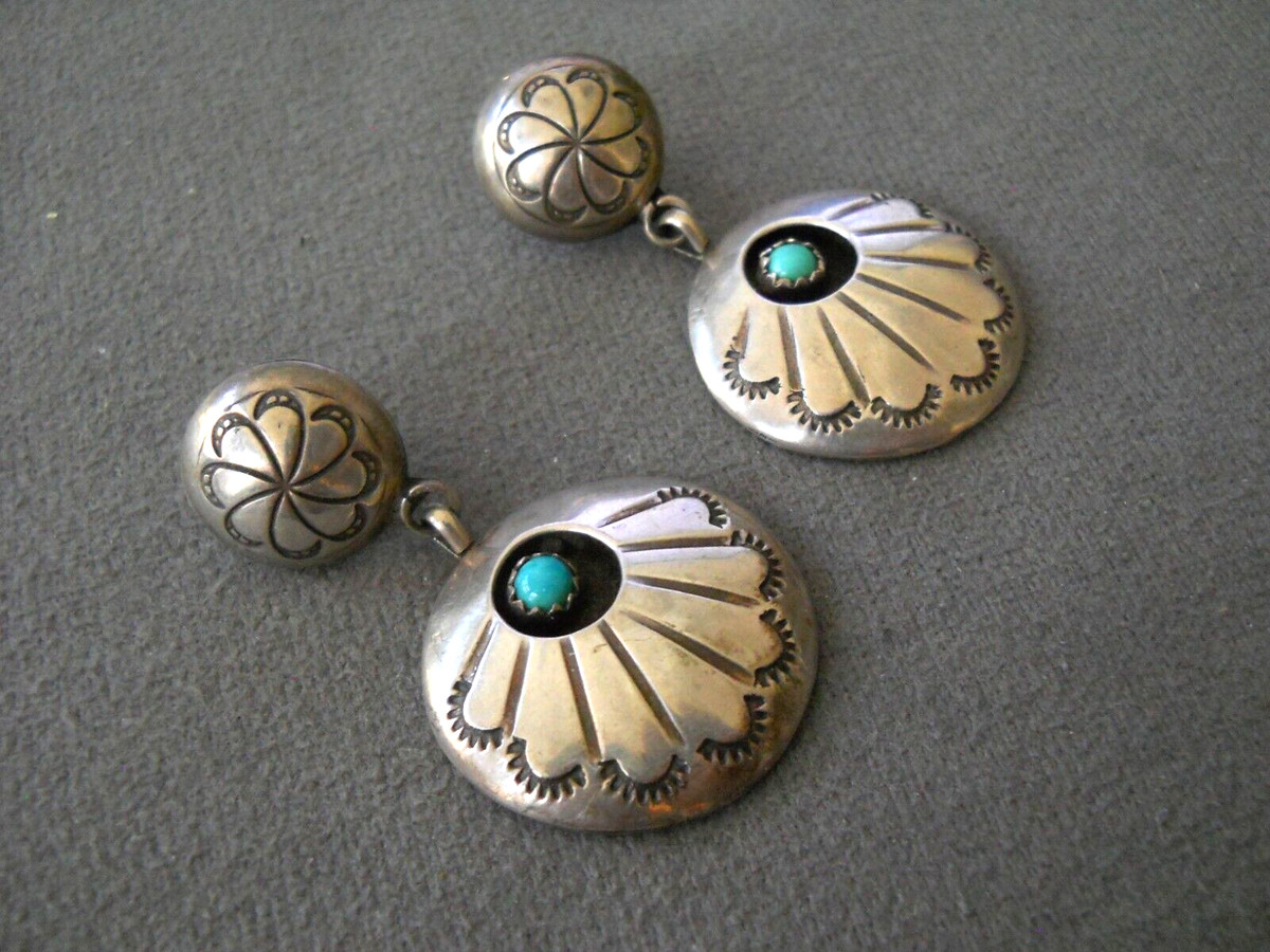 Native American Turquoise Sterling Silver Round Etched Shadowbox Earrings 1.8" | eBay US