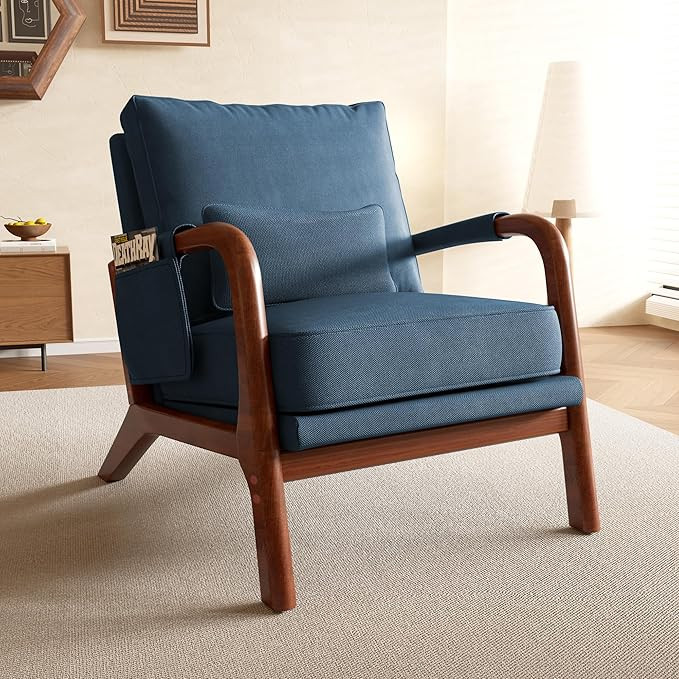 Mid Century Modern Accent Chair with Pillow & Pocket, Upholstered Armchair with Solid Wood Frame ... | Amazon (US)