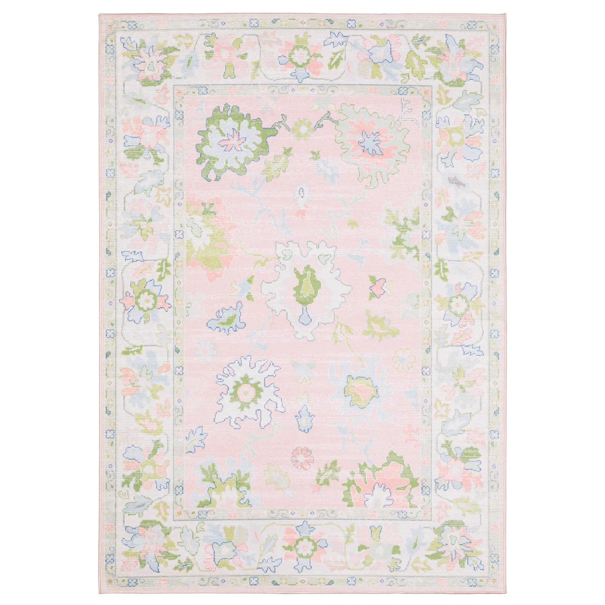 Kugler Traditional Bordered Floral Pink/ Green Printed Washable Flat Pile Area Rug | Wayfair North America